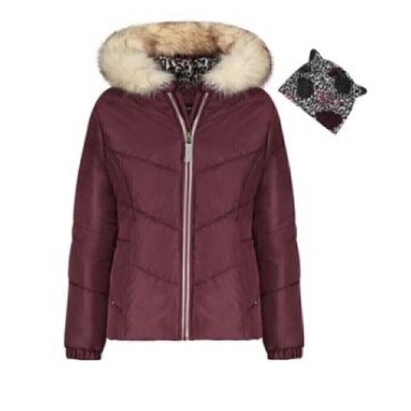 Weathertamer puffer fleece lining- 1 puffer coat and hat burgundy girl  jacket… - Picture 1 of 7